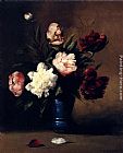 Peonies In A Blue Vase by Germain Theodure Clement Ribot